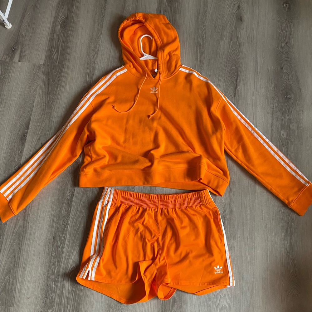 Orange adidas matching short set hoodie( size XL ), shorts (size Large)